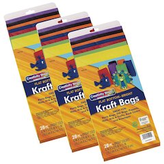 Kraft Bag, Assorted Bright Colors, 6" x 3-5/8" x 11", 28 Per Pack, 3 Packs