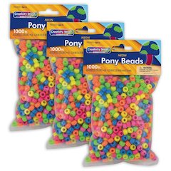 Pony Beads, Assorted Neon, 6 mm x 9 mm, 1000 Per Pack, 3 Packs