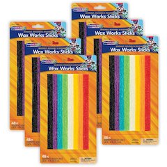 Wax Works Sticks, Assorted Bright Hues, 8", 48 Per Pack, 6 Packs