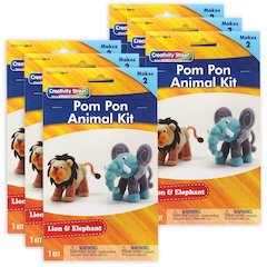 Pom Pon Animal Kit, Lion & Elephant, Assorted Sizes, 2 Animals Per Kit, 6 Kits