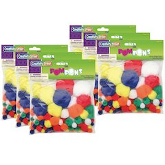 Pom Pons, Bright Hues, Assorted Sizes, 100 Per Pack, 6 Packs