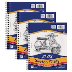 Sketch Diary, Medium Weight, 11" x 9", 70 Sheets, Pack of 3