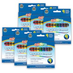 Colorful Dry-Erase Crayons, 9 Per Pack, 6 Packs