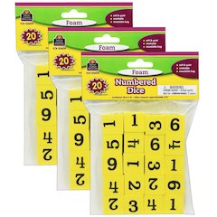 Foam Numbered Dice (1-6), 20 Per Pack, 3 Packs