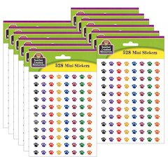 Colorful Paw Prints Mini Stickers, 3/8"Dia, 528 Per Pack, 12 Packs