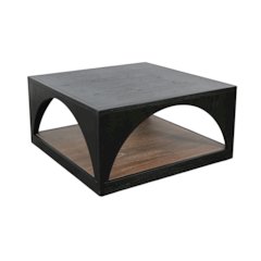 Modern Wood Coffee Table with Arched Open Shelf Design and Casters