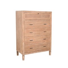 Natural Wood 5-Drawer Chest with Woven Rattan Detail