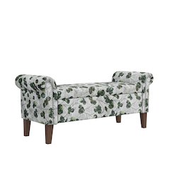 Rolled Arm Storage Ottoman in Green Floral Bonsai