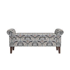 Rolled Arm Storage Ottoman in Gray and Black Damask