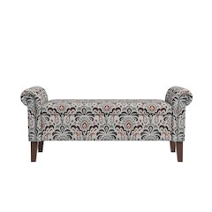 Rolled Arm Storage Ottoman in Amber and Gray Damask