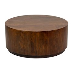 Round Wooden Coffee Table with Chestnut Finish and Mango Wood Construction
