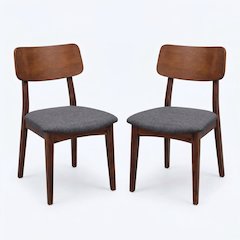 Set Of 2 Solid Blackwood Dining Chairs With Gray Upholstered Seats, Natural