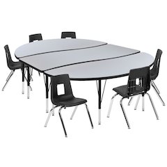 76" Oval Wave Flexible Laminate Activity Table Set with 14" Student Stack Chairs, Grey/Black
