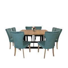 9-Piece Dining Set 8 Cleo Dining Chairs in Velvet Teal Fabric Natural Legs