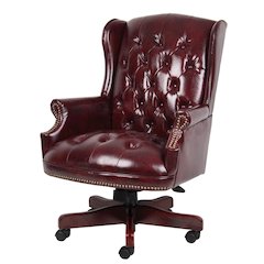 Burgundy Faux Leather Office Chair, Executive Chair With Wood Accents On Base