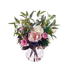 Peonies, Magnolias, and Eucalyptus in Glass Bowl