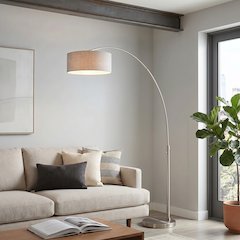 Float 92" Arc Lamp - Satin Nickel, Steel Base, Cashmere Gray Linen, Dimmable