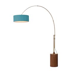 Tambo Stretch 92"H 1-Light Arc Lamp, Pool Blue Linen Drum Shade, Dark Walnut