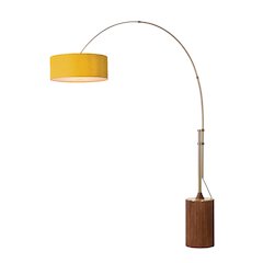 Tambo Stretch 92"H 1-Light Arc Lamp, Mustard Linen Drum Shade, Dark Walnut
