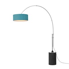 Tambo Stretch 92"H 1-Light Arc Lamp, Pool Blue Linen Drum Shade, Black Oak
