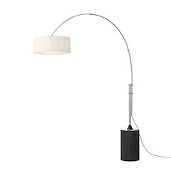 Tambo Stretch 92" Arc Lamp - Satin Nickel, Black Oak Base, White Linen Shade