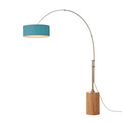 Tambo Stretch 92" Arc Lamp - Weathered Brass, Dark Walnut Base, Pool Blue Linen