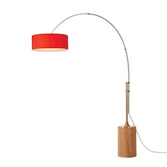 Tambo Stretch 92"H 1-Light Arc Lamp, Crimson Red Linen Drum Shade, Light Wood