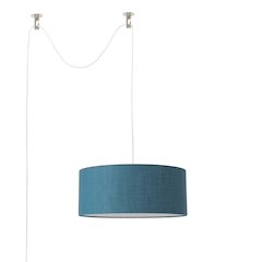 Stretch Swag Lamp, Pool Blue Linen Drum Shade, Satin Nickel