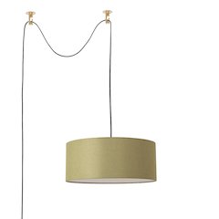Stretch Swag Lamp, Avocado Linen Drum Shade, Weathered Brass