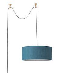 Stretch Swag Lamp, Pool Blue Linen Drum Shade, Weathered Brass