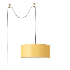 Stretch Swag Lamp, Mustard Linen Drum Shade, Weathered Brass