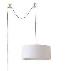 Stretch Swag Lamp, White Linen Drum Shade, Weathered Brass