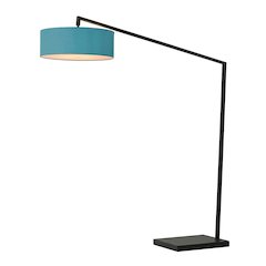 Stretch 87"H 1-Light Arc Lamp, Pool Blue Linen Drum Shade, Black Body