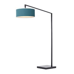 Stretch 75"H 1-Light Chairside Arc Lamp, Pool Blue Linen Drum Shade, Black Body