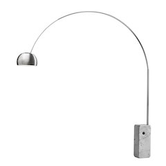Iconic Arched LED Floor Lamp, White Marble Block Base, Satin Nickel