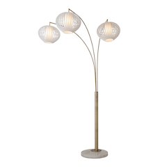 Bloom 3-Light Arc Floor Lamp - Weathered Brass, White Marble Base, White Satin