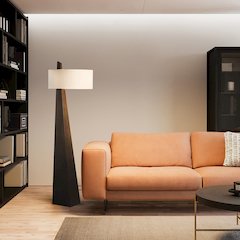 Obelisk Floor Lamp - 63", Chestnut Wood, White Cotton-Linen Shade