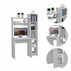 6-Shelf Writing Desk with Built-in Bookcase White