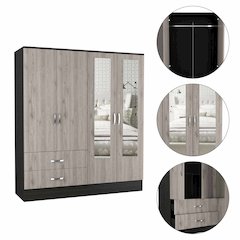 Black Rock 2-Drawer Large Armoire with Mirror Doors Black Wengue and Light Gray