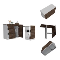 3-Drawer L-Shaped Convertible Kitchen Island White and Dark Walnut