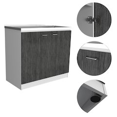 Rectangle 2-Door Utility Sink and Cabinet White and Smokey Oak