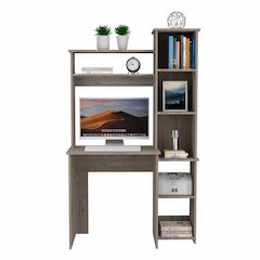 6-Shelf Writing Desk with Built-in Bookcase Light Grey