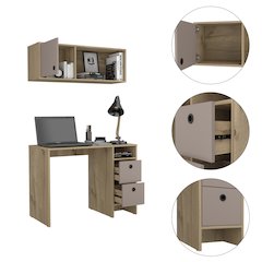 2-Shelf 3-Drawer 2-Piece Office Set Light Oak and Taupe