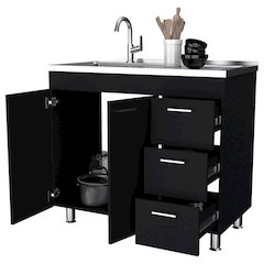 2-Door 3-Drawer Kitchen Cabinet Black