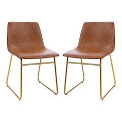 18 inch Dining Table Height Chair, Mid-Back Sled Base Dining Chair in Light Brown LeatherSoft with Gold Frame, Set of 2