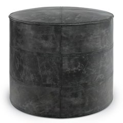 Connor Round Pouf In Distressed Black Genuine Leather