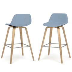 Counter Height Stool (Set Of 2) With Light Wood In Denim Blue Polyester Linen