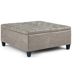 Coffee Table Storage Ottoman In Distressed Grey Taupe Vegan Faux Leather