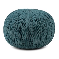 Shelby Hand Knit Round Pouf In Teal Cotton