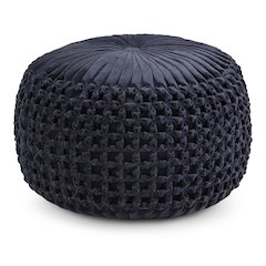 Renee Round Pouf In Navy Velvet Fabric